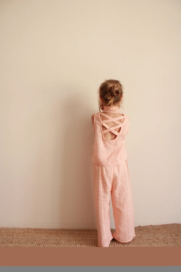 Fularlı Turuncu Çizgili Çapraz Şerit Detaylı Müslin Takım - Resim 5