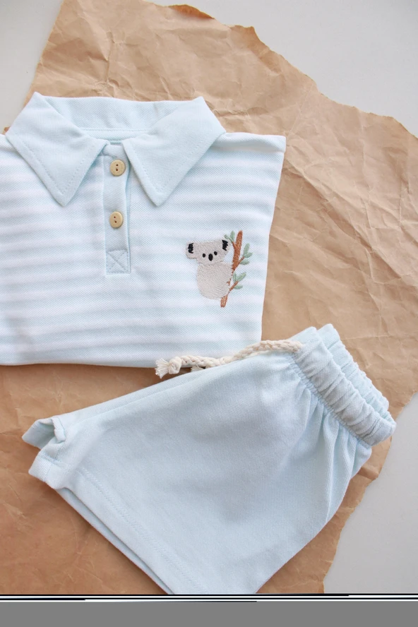 Mavi Çizgili Koala Nakışlı Polo Yaka Şortlu Takım - Resim 6