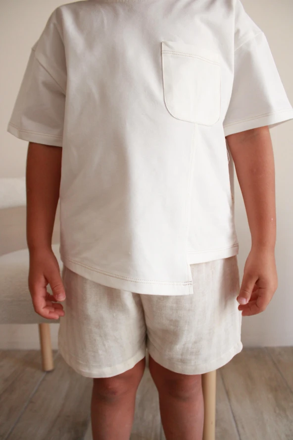 Bej Kontrast Dikişli Asimetrik Şortlu Takım - Resim 5