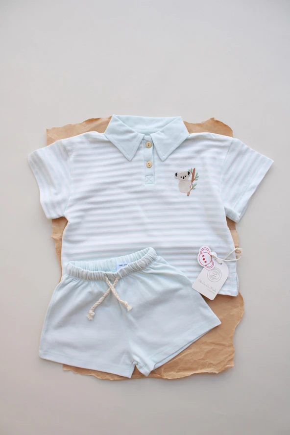 Mavi Çizgili Koala Nakışlı Polo Yaka Şortlu Takım - Resim 7