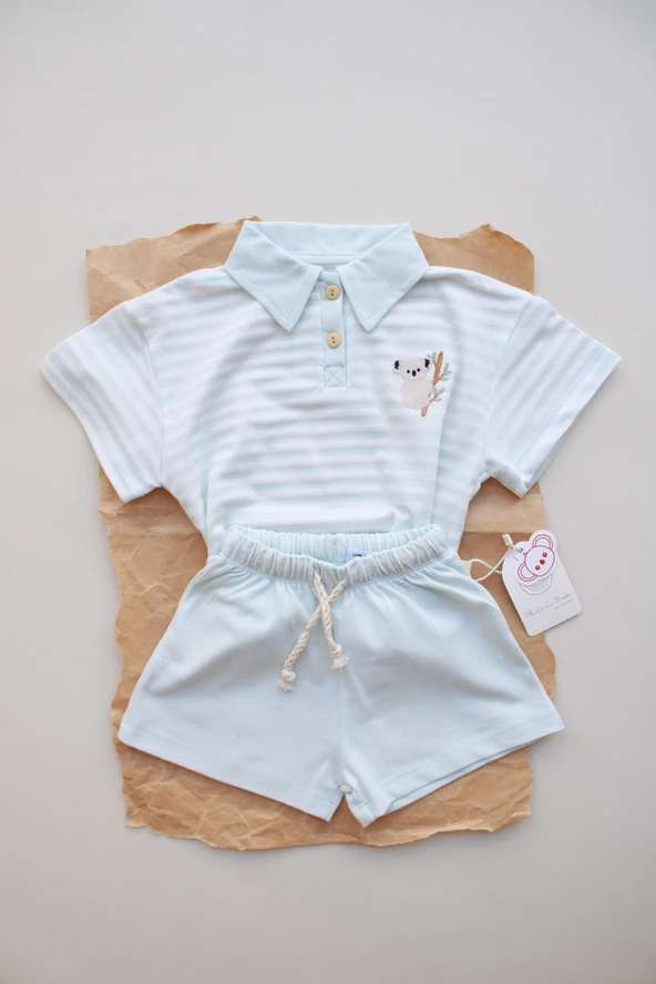 Mavi Çizgili Koala Nakışlı Polo Yaka Şortlu Takım - Resim 4