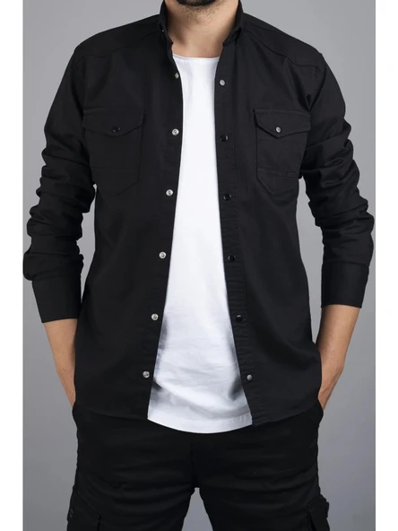 Tomiross Kıvanç Siyah Erkek Rahat Esnek Slim Fit Kalıp Pamuklu Kot Gömlek KIVANC-1927 ürün görseli