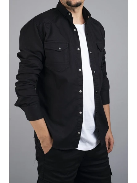 Tomiross Kıvanç Siyah Erkek Rahat Esnek Slim Fit Kalıp Pamuklu Kot Gömlek KIVANC-1927 - Resim 3