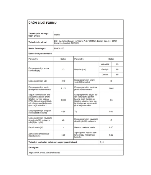 Profilo BM4381EG 4 Programlı 13 Kişilik Bulaşık Makinesi - Resim 5