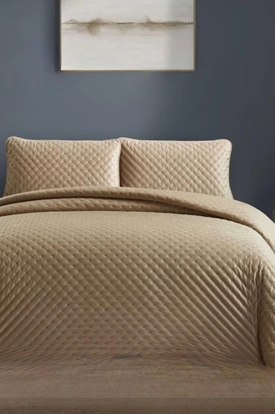 Bianca Çift Kişilik Lüks Kadife Yatak Örtüsü Bej ürün görseli