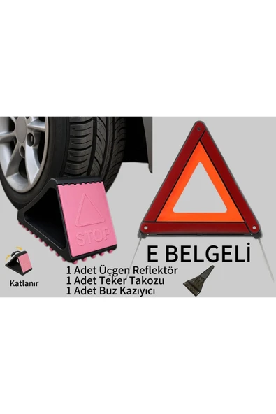 TÜVTÜRK Zorunlu 3’lü Acil Durum Seti  Üçgen Reflektör Teker Takozu  Buz Kazıyıcı  E Belgeli - 1