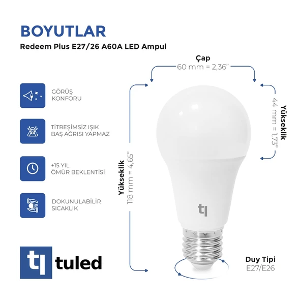 Tuled Redeem A60A E27 LED Ampul, Titreşimsiz, Göz Konforu - 3