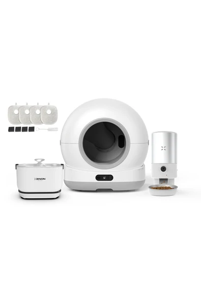 Xenon Smart Akıllı Otomatik Kedi Tuvaleti Kameralı, Çelik Mama Kabı ve Bataryalı Su Pınarı 4'lü Pet Ürünleri Set
