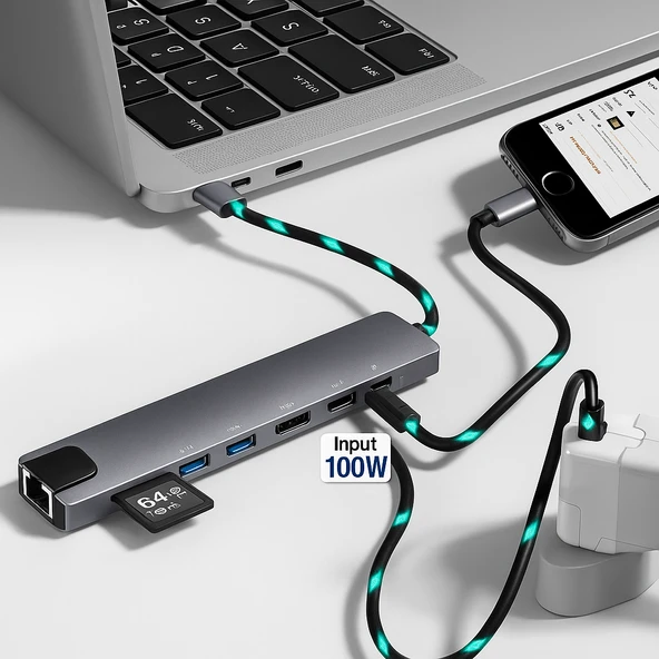QASUL Usb Type-c Hub Dönüştürücü Çevirici Çoklayıcı Usb Hdmı Micro Sd 8 Girişli - 5