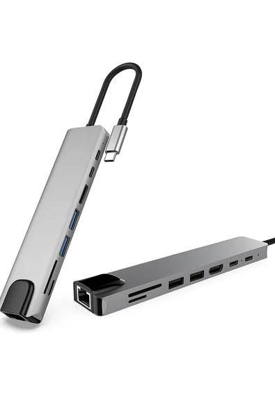 QASUL Usb Type-c Hub Dönüştürücü Çevirici Çoklayıcı Usb Hdmı Micro Sd 8 Girişli