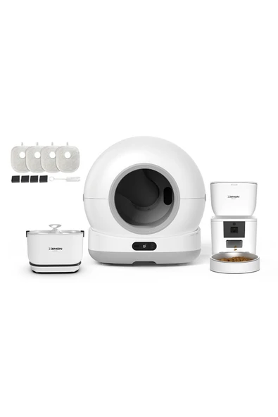 Xenon Smart Akıllı Otomatik Kedi Tuvaleti, Mama Kabı ve Bataryalı Su Pınarı 4'lü Pet Ürünleri Seti