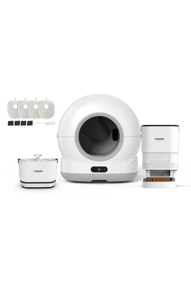 Xenon Smart Akıllı Otomatik Kedi Tuvaleti, Mama Kabı ve Bataryalı Su Pınarı 4'lü Pet Ürünleri Seti