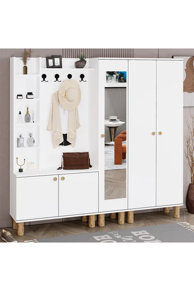 Kalender Dekor Evin-1-3-4 Bohem Ayaklı Aynalı Ayakkabılık Portmanto Vestiyer - Resim 2