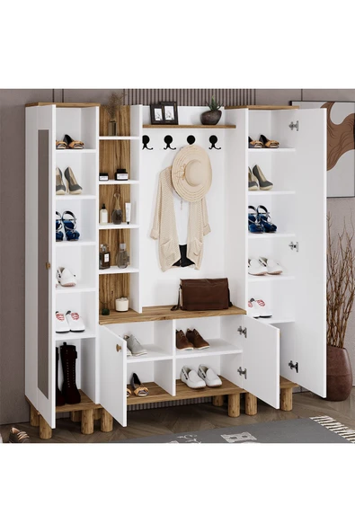 Kalender Dekor Evin-1-3-3 Bohem Ayaklı Aynalı Ayakkabılık Portmanto Vestiyer - Resim 4