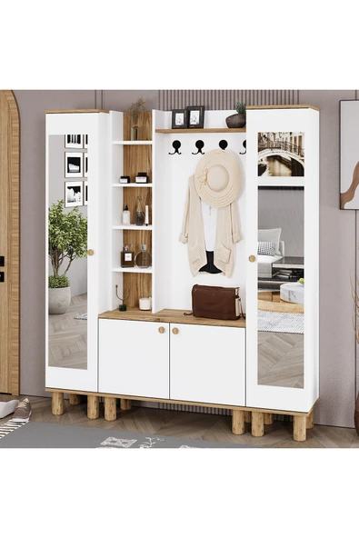 Kalender Dekor Evin-1-3-3 Bohem Ayaklı Aynalı Ayakkabılık Portmanto Vestiyer - Resim 2