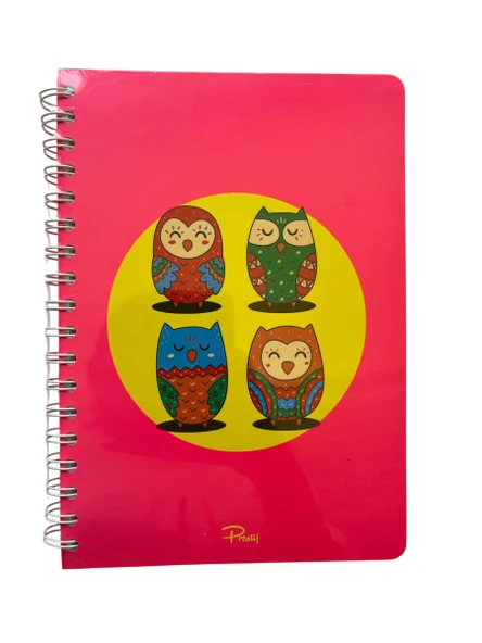 Baykuş Resimli Neon Çizgili Defter 72 Yaprak Sert Kapak Spiralli