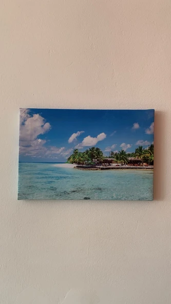 Kumsal Sahil Manzaralı Natürel Ahşap Çerçeve Ev İşyeri Ofis Duvar Kanvas Tablo MNZ21 ürün görseli