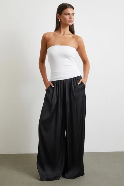 Beli Lastikli Geniş Paça Büzgülü Pantolon Siyah - Resim 2