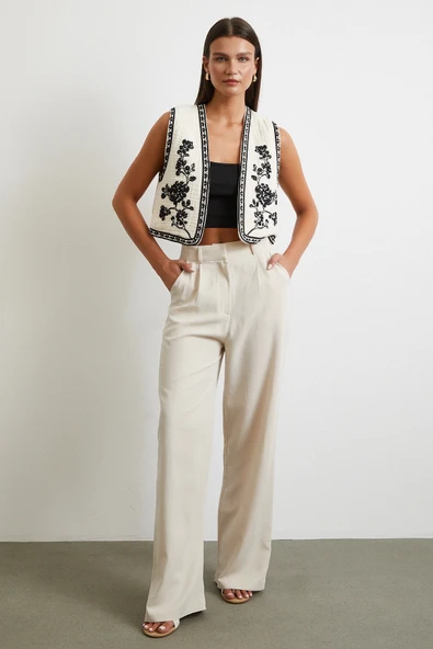 Nakışlı Oversize Yelek Krem - Resim 2