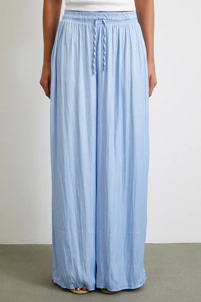 Beli Lastikli Geniş Paça Büzgülü Pantolon Mavi - Resim 4