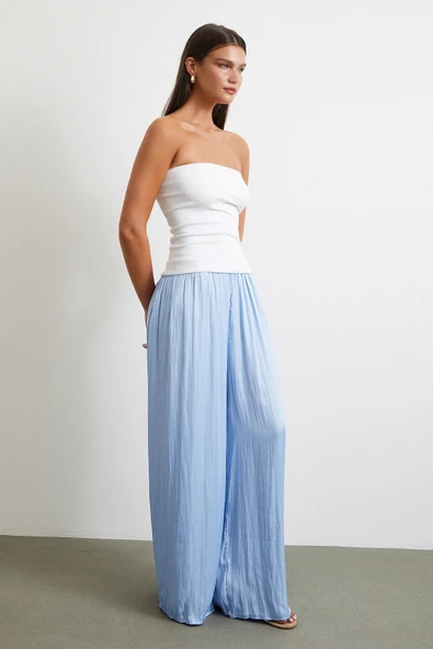 Beli Lastikli Geniş Paça Büzgülü Pantolon Mavi - Resim 2