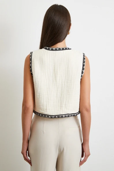 Nakışlı Oversize Yelek Krem - Resim 6