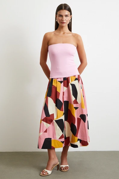 Desenli Midi Etek Pembe - Resim 2