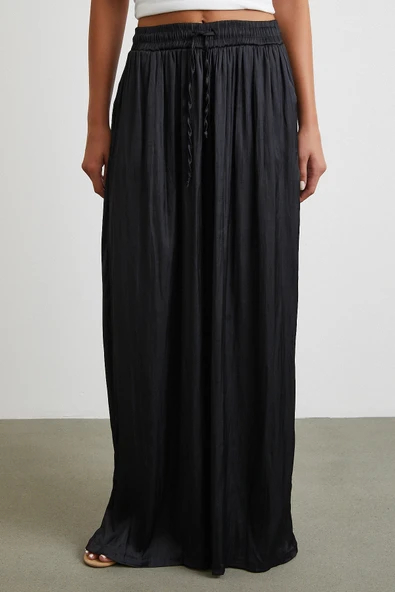 Beli Lastikli Geniş Paça Büzgülü Pantolon Siyah - Resim 4