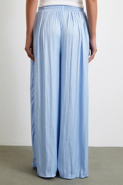 Beli Lastikli Geniş Paça Büzgülü Pantolon Mavi - Resim 6