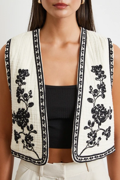 Nakışlı Oversize Yelek Krem - Resim 5