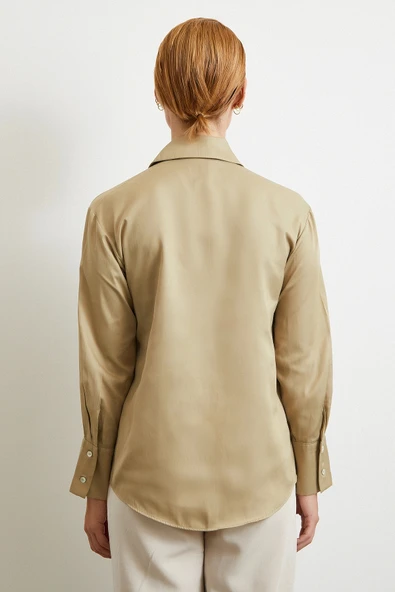 Diagonal Desen Gömlek Bej - Resim 6