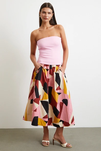 Desenli Midi Etek Pembe - Resim 3