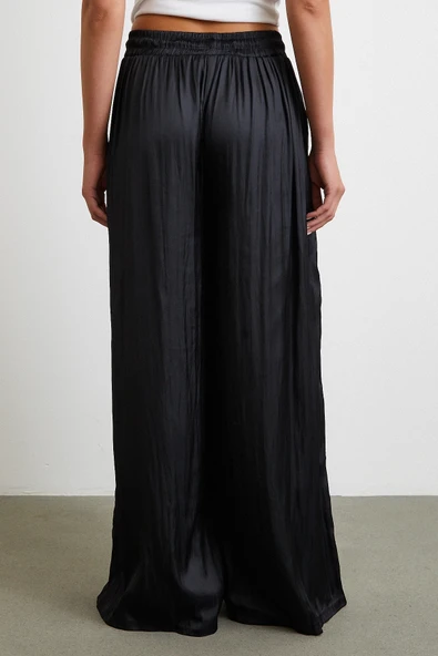 Beli Lastikli Geniş Paça Büzgülü Pantolon Siyah - Resim 6