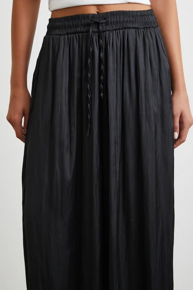 Beli Lastikli Geniş Paça Büzgülü Pantolon Siyah - Resim 5