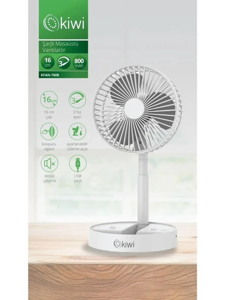Kiwi KFAN-7608 Şarjlı Beyaz Ayarlanılabilir Mini Fan Masa Üstü Vantilatörü USB Soğutucu Sessiz El Fanı - 2