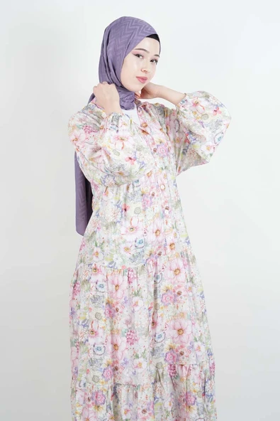 Tesettür Elbise Dijital Baskılı Alaçatı Model Modal Elbise Pembe - 3