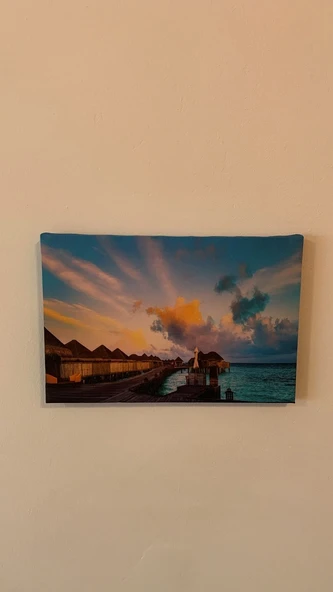 Su Bungalovu Ve Gün Batımı Manzaralı Natürel Ahşap Çerçeve Ev İşyeri Ofis Duvar Kanvas Tablo MNZ25 - Resim 7