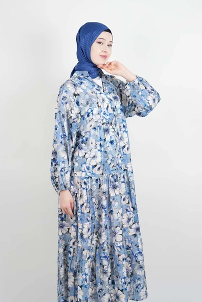 Tesettür Elbise Dijital Baskılı Alaçatı Model Modal Elbise Mavi - 3