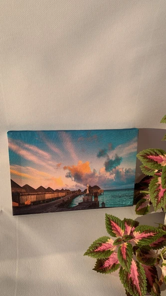 Su Bungalovu Ve Gün Batımı Manzaralı Natürel Ahşap Çerçeve Ev İşyeri Ofis Duvar Kanvas Tablo MNZ25 - Resim 4