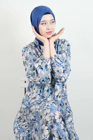 Tesettür Elbise Dijital Baskılı Alaçatı Model Modal Elbise Mavi - 2