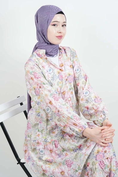 Tesettür Elbise Dijital Baskılı Alaçatı Model Modal Elbise Pembe - 2