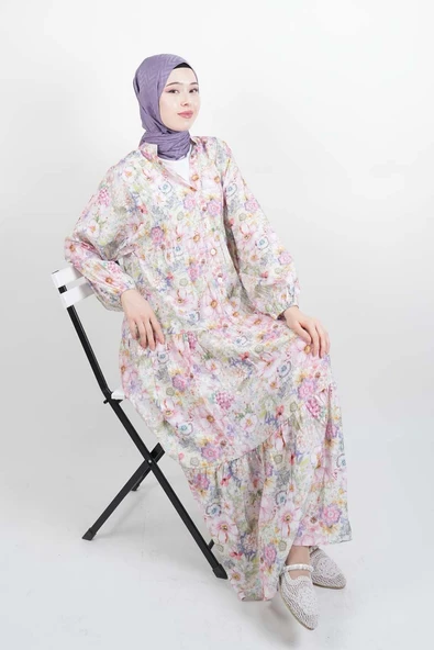 Tesettür Elbise Dijital Baskılı Alaçatı Model Modal Elbise Pembe