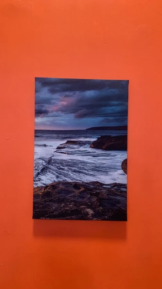 Kıyıya Vuran Okyanus Dalgaları Manzaralı Natürel Ahşap Çerçeve Ev İşyeri Duvar Kanvas Tablo MNZ24 - 2