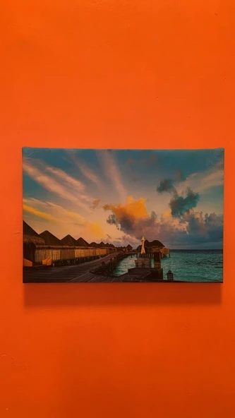 Su Bungalovu Ve Gün Batımı Manzaralı Natürel Ahşap Çerçeve Ev İşyeri Ofis Duvar Kanvas Tablo MNZ25 - Resim 2