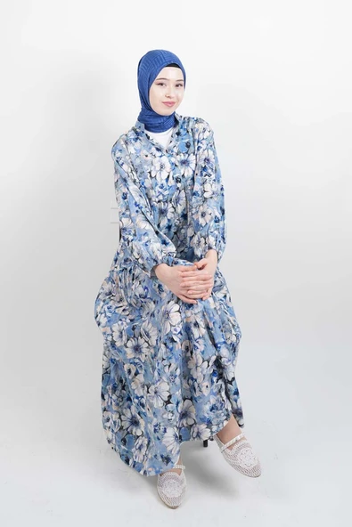 Tesettür Elbise Dijital Baskılı Alaçatı Model Modal Elbise Mavi