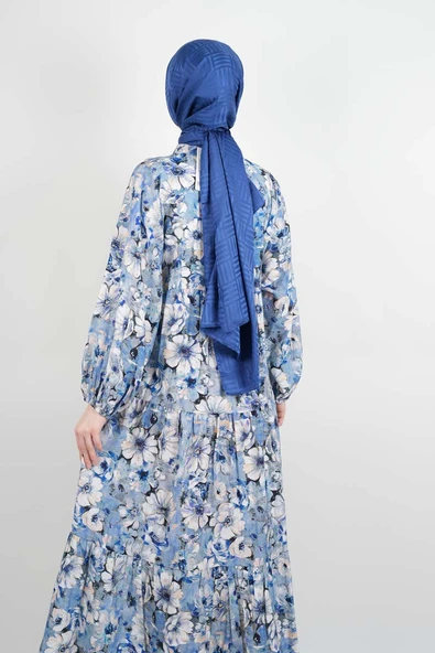 Tesettür Elbise Dijital Baskılı Alaçatı Model Modal Elbise Mavi - 4