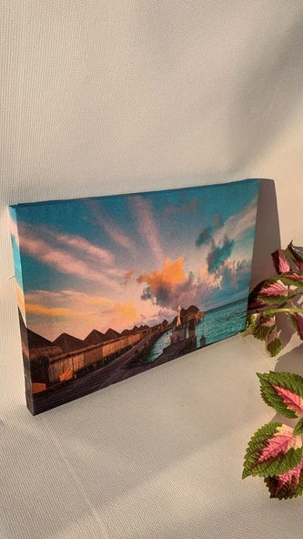 Su Bungalovu Ve Gün Batımı Manzaralı Natürel Ahşap Çerçeve Ev İşyeri Ofis Duvar Kanvas Tablo MNZ25 ürün görseli