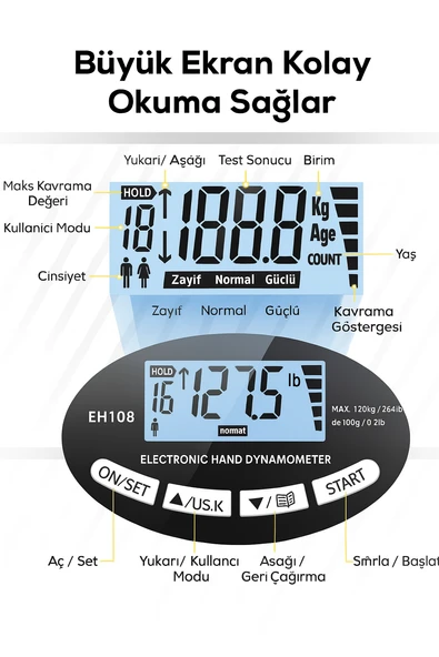 Spor ve Fizik Tedavi İçin El Kuvvet Ölçüm Cihazı  LCD Ekranlı (120 KG) - 3
