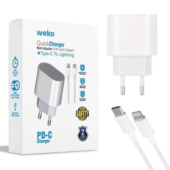 Weko WK-21443 PD-C 20 Watt Telefon Şarj Adaptörü + Type-C To Lightning Kablo - 1