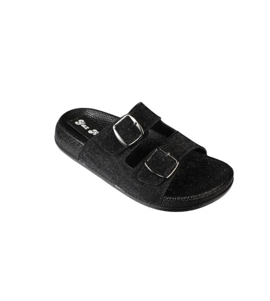 YAZKIŞ Kadın Siyah platin Çift Tokalı parlak Kumaş Terlik - Resim 2